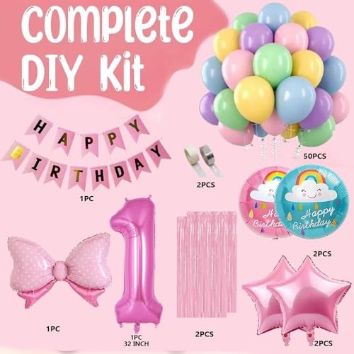 Pop The Party 1st Birthday Decoration Items - 61 Pcs Balloons Combo For Girls Pink Bow Theme Party Decoration - Image 2