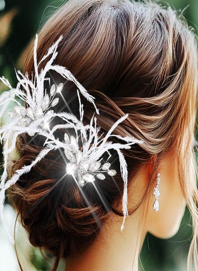 Latious Feather Wedding Hair Pins Silver Crystal 1920s Hair Clips Fascinator Hair Accessories for Women (Pack of 2) (Silver) - Image 5