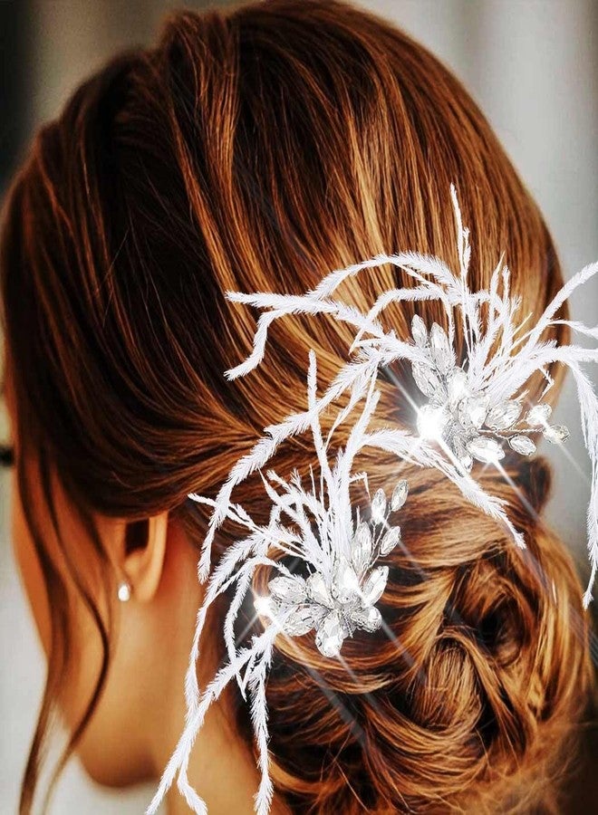 Latious Feather Wedding Hair Pins Silver Crystal 1920s Hair Clips Fascinator Hair Accessories for Women (Pack of 2) (Silver) - Image 2