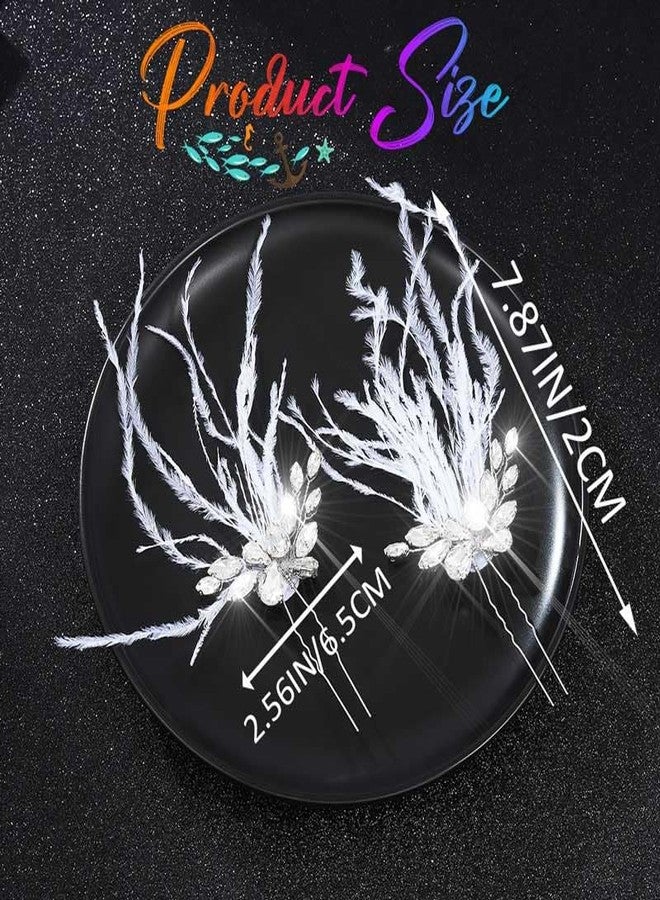 Latious Feather Wedding Hair Pins Silver Crystal 1920s Hair Clips Fascinator Hair Accessories for Women (Pack of 2) (Silver) - Image 4