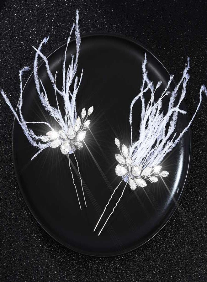 Latious Feather Wedding Hair Pins Silver Crystal 1920s Hair Clips Fascinator Hair Accessories for Women (Pack of 2) (Silver) - Image 1