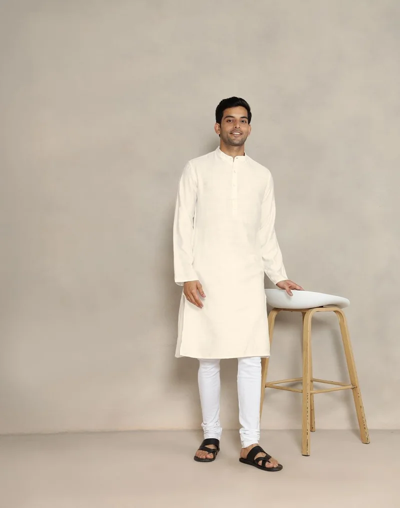 فاب انديا White Viscose Silk Long Kurta