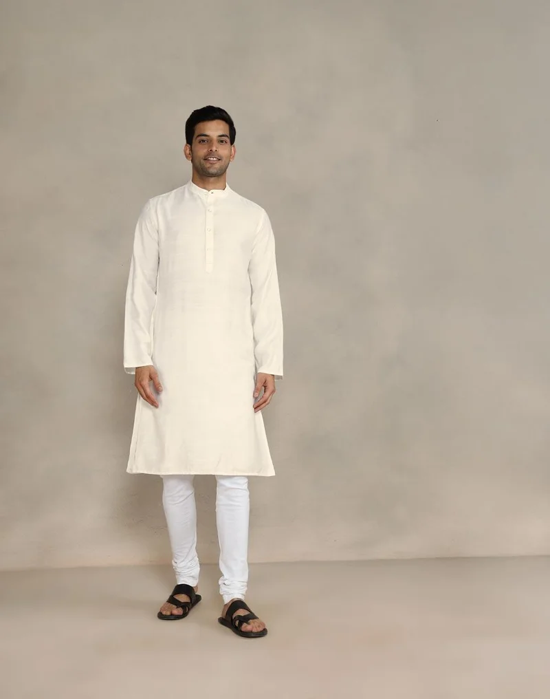 فاب انديا White Viscose Silk Long Kurta