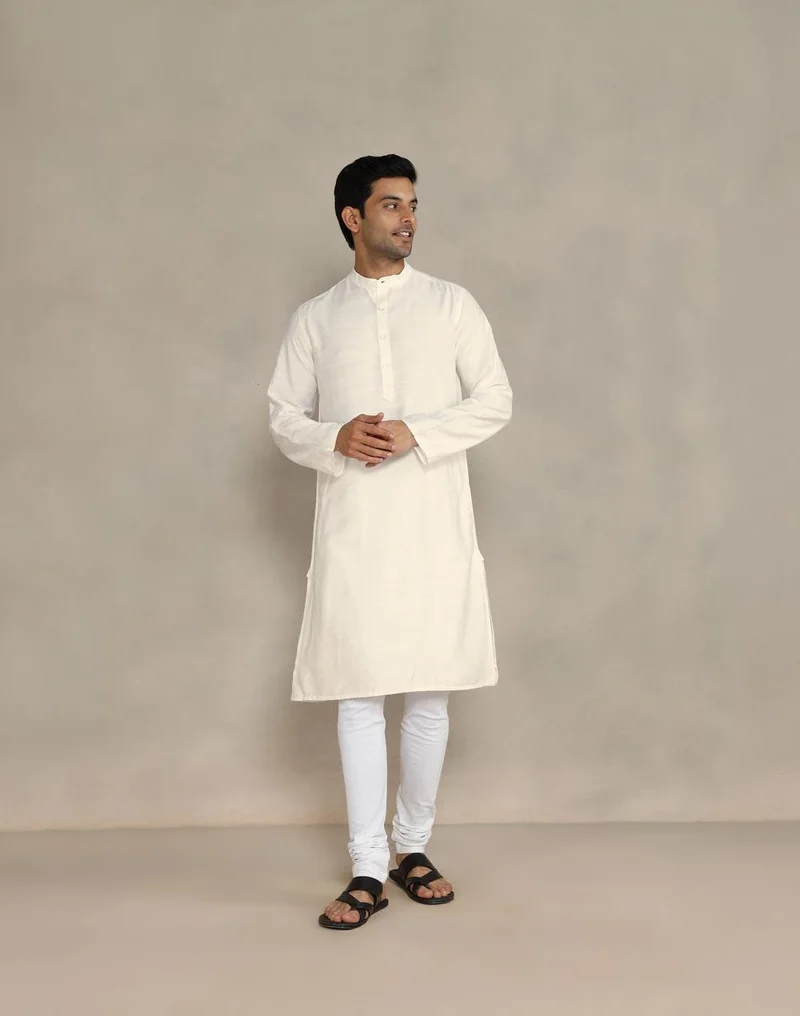 Fabindia White Viscose Silk Long Kurta