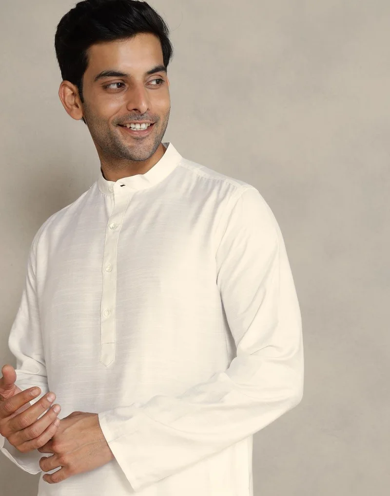 Fabindia White Viscose Silk Long Kurta