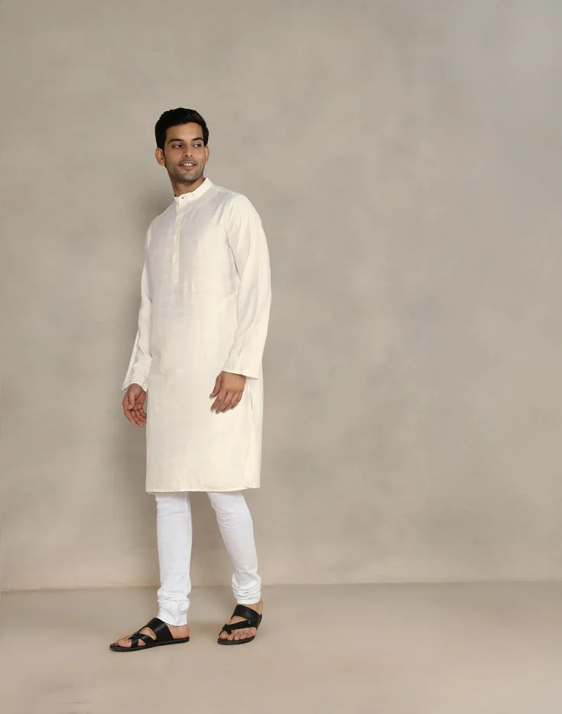 Fabindia White Viscose Silk Long Kurta