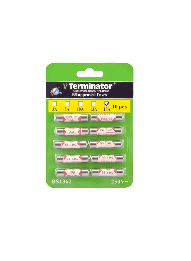 Terminator Porcelain Ceramic Fuse 10 pcs Pkt, 6x25mm Fast Blow Ceramic Fuses (15A Pack of 10pcs) - Image 1