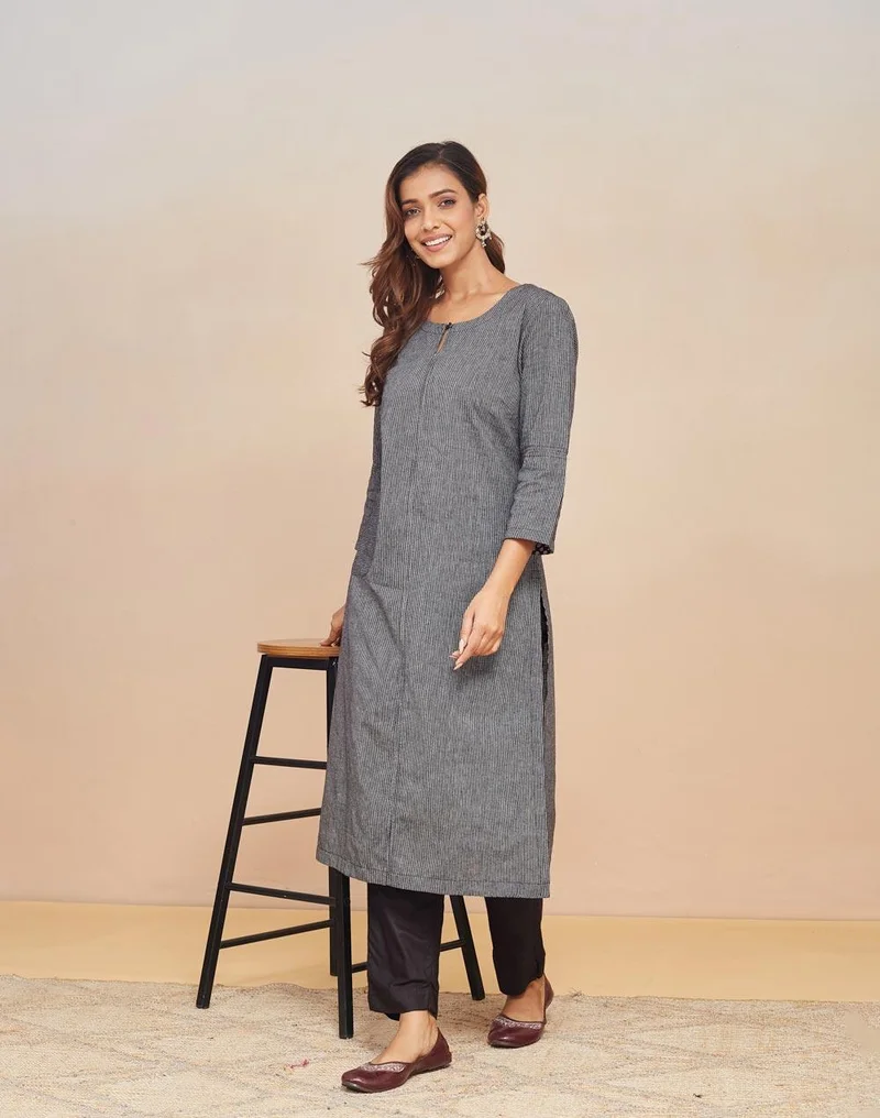 Fabindia Grey Cotton Long Kurta