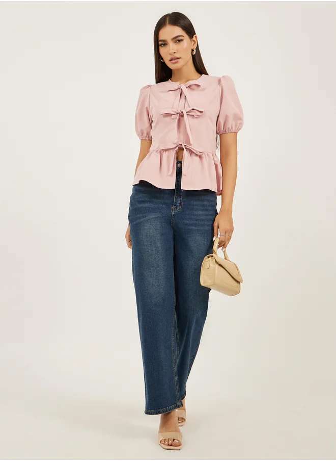 ستايلي Styli Plain Puff Sleeves Peplum Top with Tie Detail