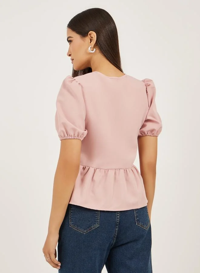 Styli Styli Plain Puff Sleeves Peplum Top with Tie Detail