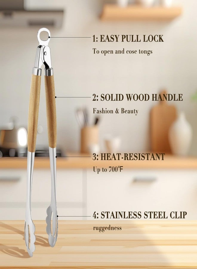 KULUNER Stainless Steel Barbecue Tongs with Solid Wood Handle, Kitchen Metal Locking Design, Extra Long 17.5 Inches 700 Degrees, Suitable for Food Cooking, Salad and Outdoor Grilling(Acacia) - Image 4