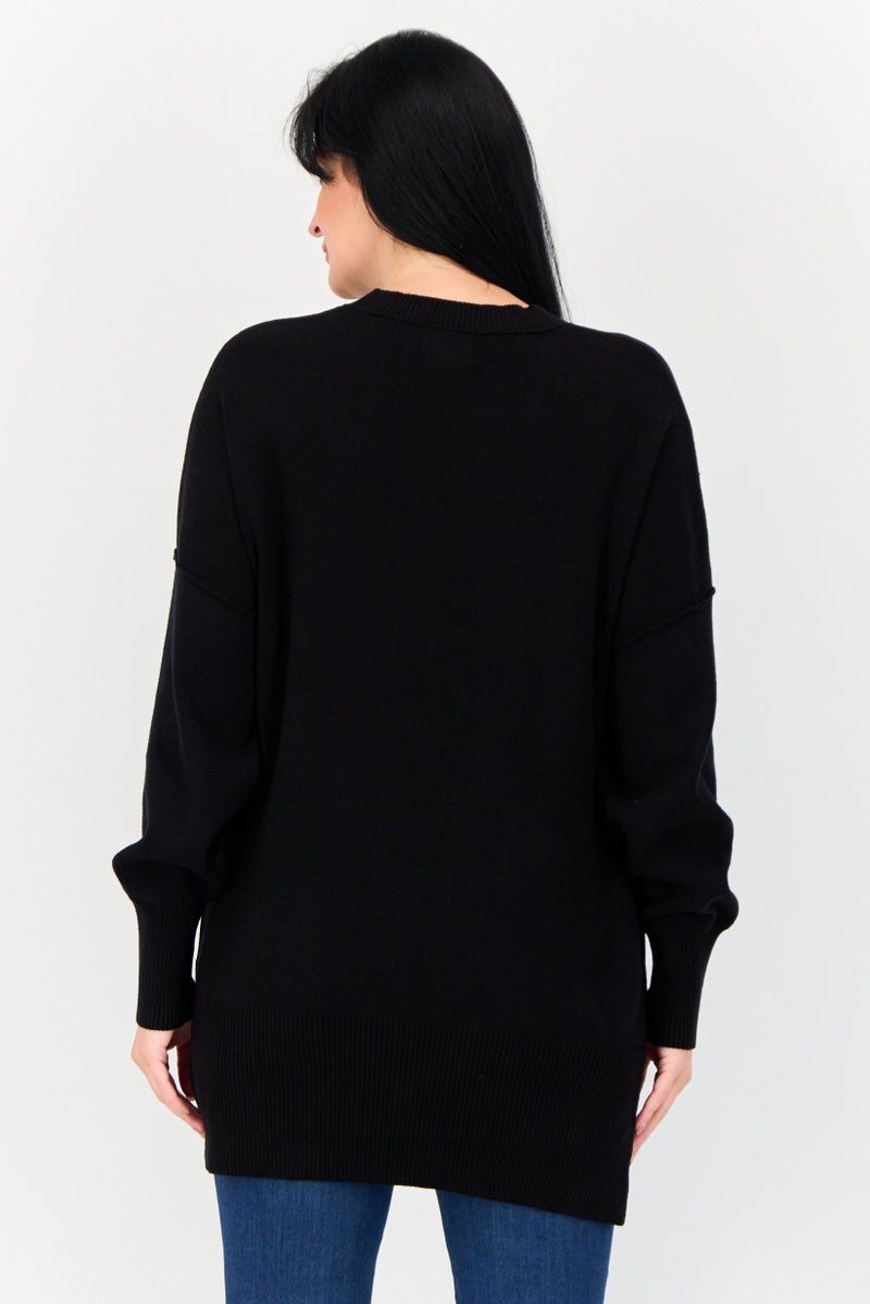 Pink Rose Women Ribbed Collar Solid Sweater, Black  - Image 2
