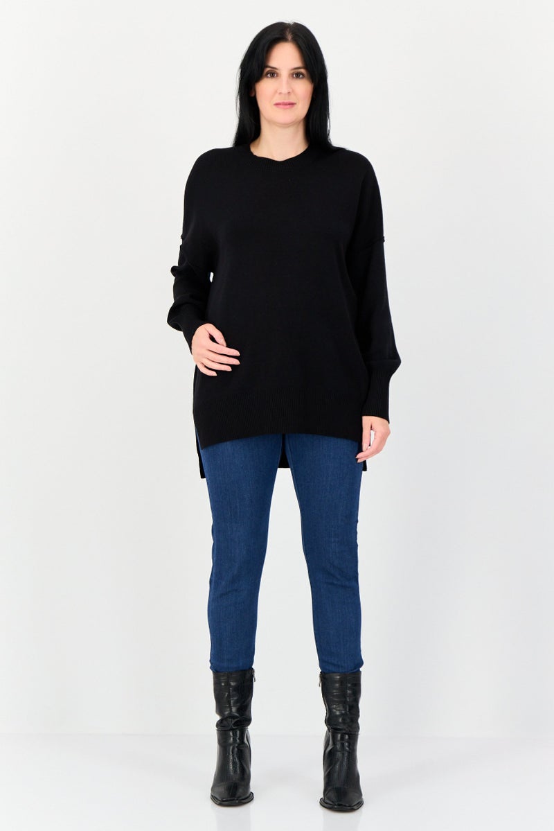 Pink Rose Women Ribbed Collar Solid Sweater, Black  - Image 4
