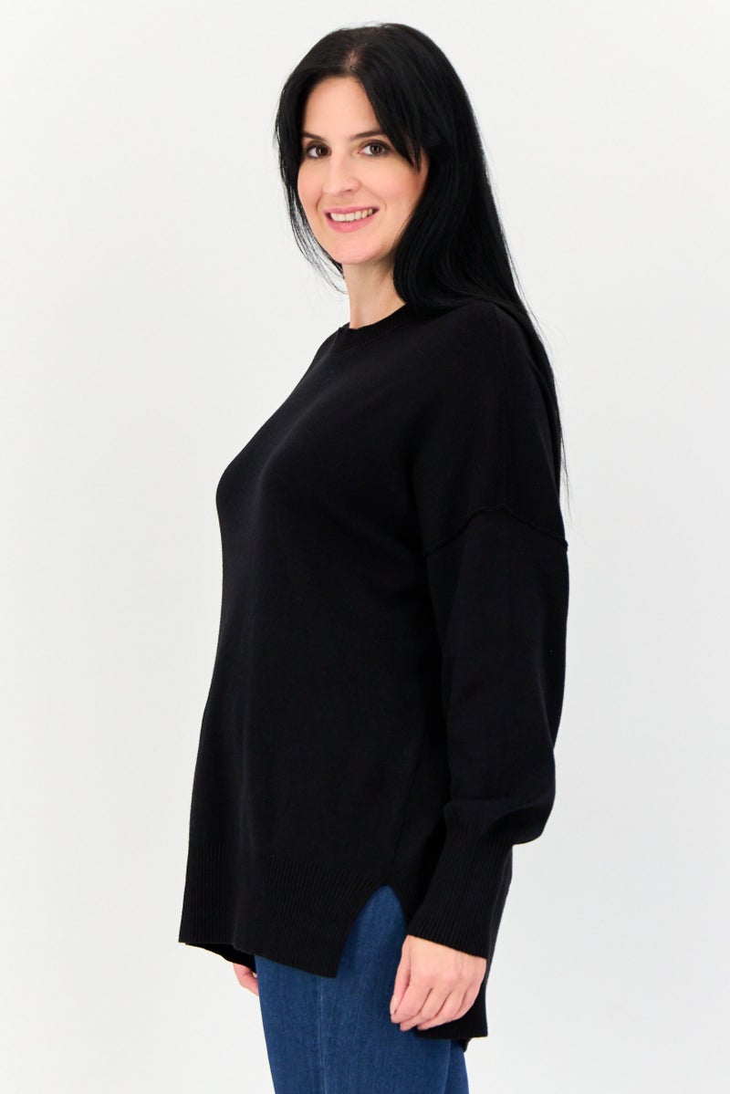 Pink Rose Women Ribbed Collar Solid Sweater, Black  - Image 3