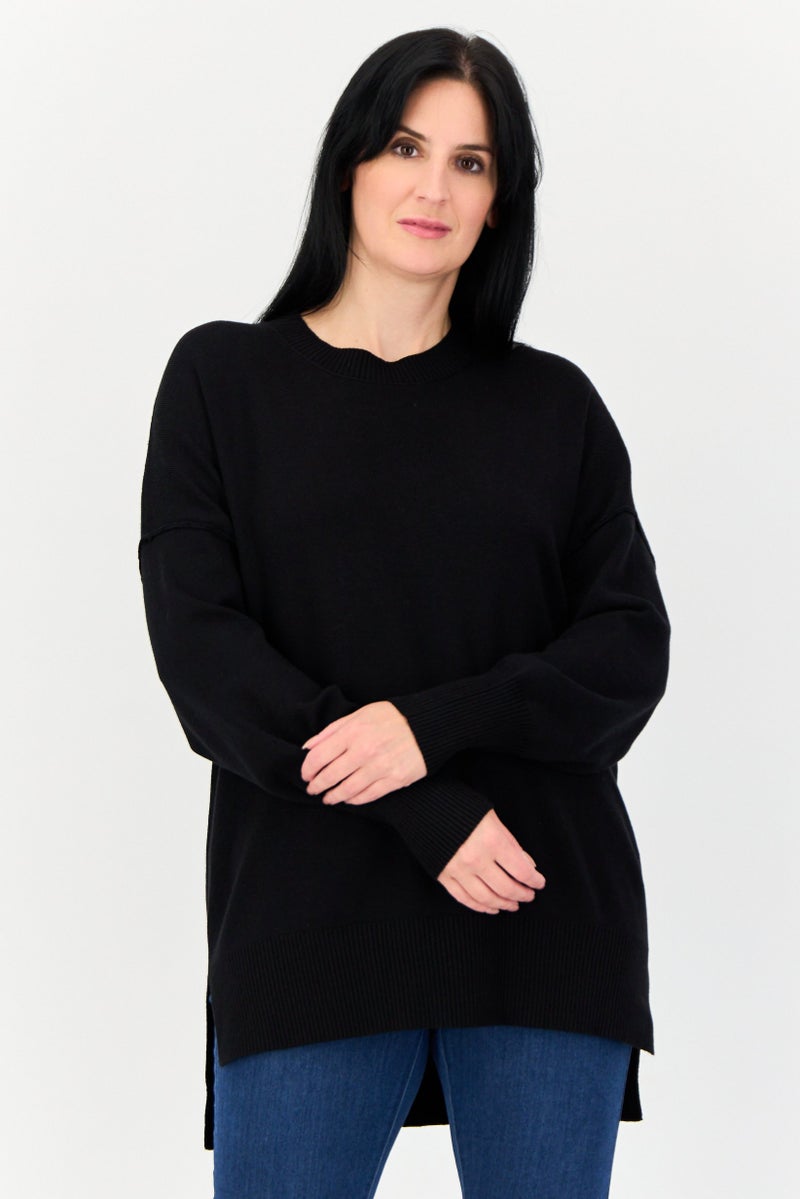 Pink Rose Women Ribbed Collar Solid Sweater, Black  - Image 1