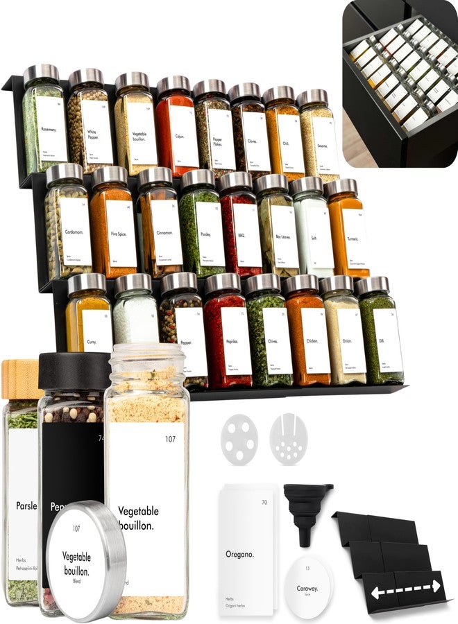 KIVY Spice Jars with Spice Rack (Stainless Steel Lid (Jars + Shelf)) Including 24 Spice Jars with Labels - Adjustable Width - Spice Organiser Drawer - Image 1