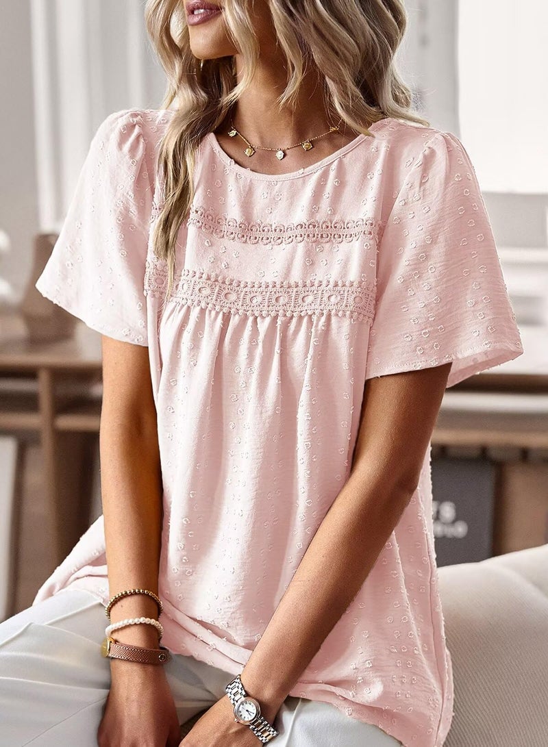 Falechay Going Out Tops for Women Tunic Top Short Sleeve Spring Women Shirts Round Neck Smocked Swiss Dot Summer Blouses Boho Clothing Plus Size XL Pink - Image 2