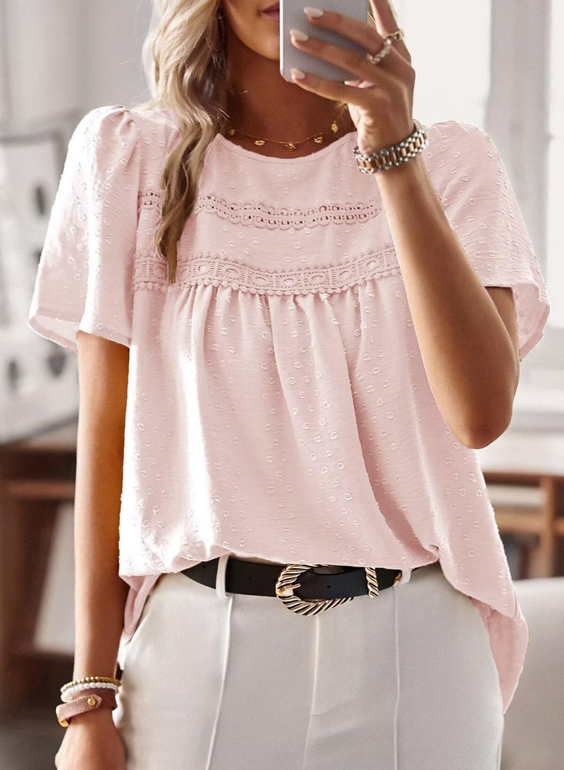 Falechay Going Out Tops for Women Tunic Top Short Sleeve Spring Women Shirts Round Neck Smocked Swiss Dot Summer Blouses Boho Clothing Plus Size XL Pink - Image 4