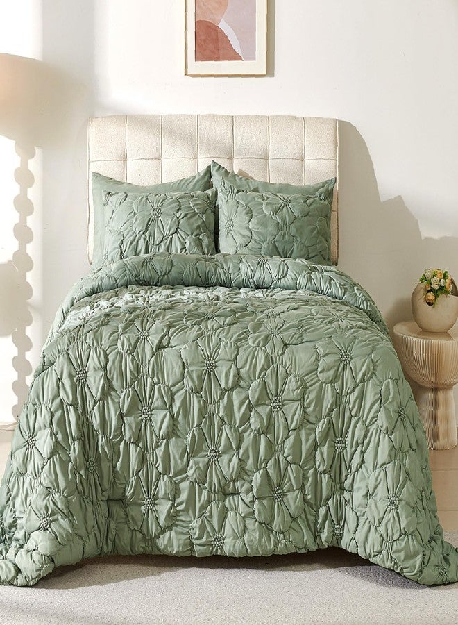 Cmfshape Green Queen Comforter Set,7 Pieces Pintuck Comforters,Floral Ruched Bedding Set,Exquisite Bedding Comforter Set for All Season with Comforter,Flat Sheet,Fitted Sheet and Pillowcases & Shams(90"x90") - Image 3
