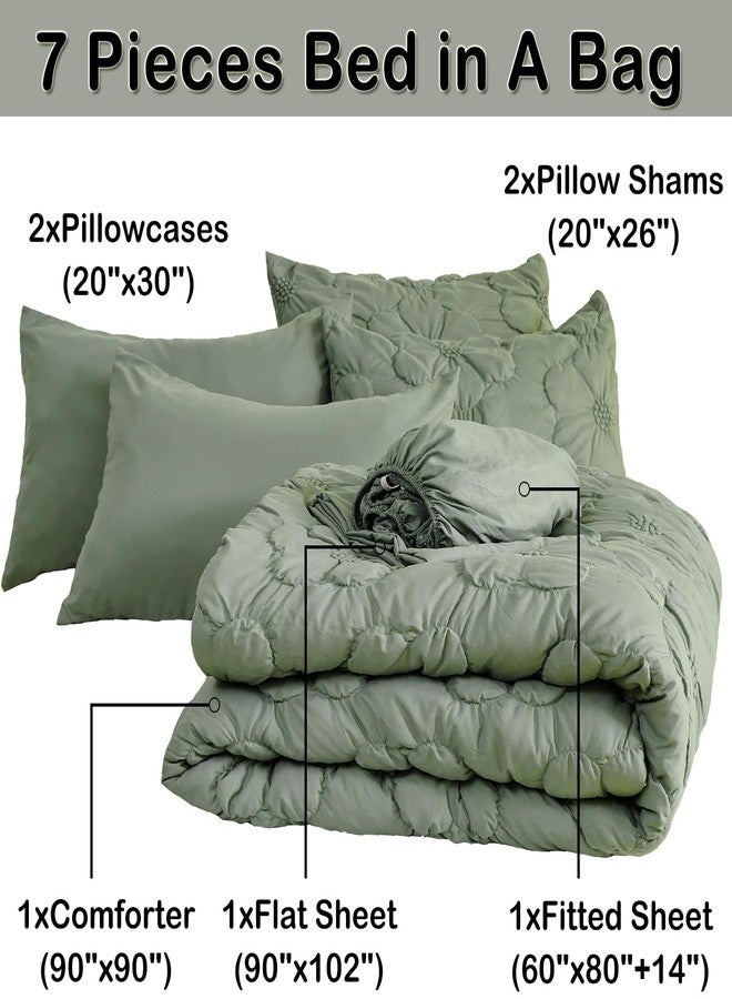 Cmfshape Green Queen Comforter Set,7 Pieces Pintuck Comforters,Floral Ruched Bedding Set,Exquisite Bedding Comforter Set for All Season with Comforter,Flat Sheet,Fitted Sheet and Pillowcases & Shams(90"x90") - Image 4