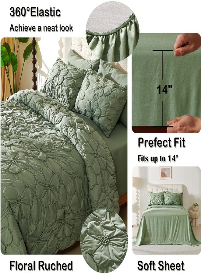 Cmfshape Green Queen Comforter Set,7 Pieces Pintuck Comforters,Floral Ruched Bedding Set,Exquisite Bedding Comforter Set for All Season with Comforter,Flat Sheet,Fitted Sheet and Pillowcases & Shams(90"x90") - Image 5