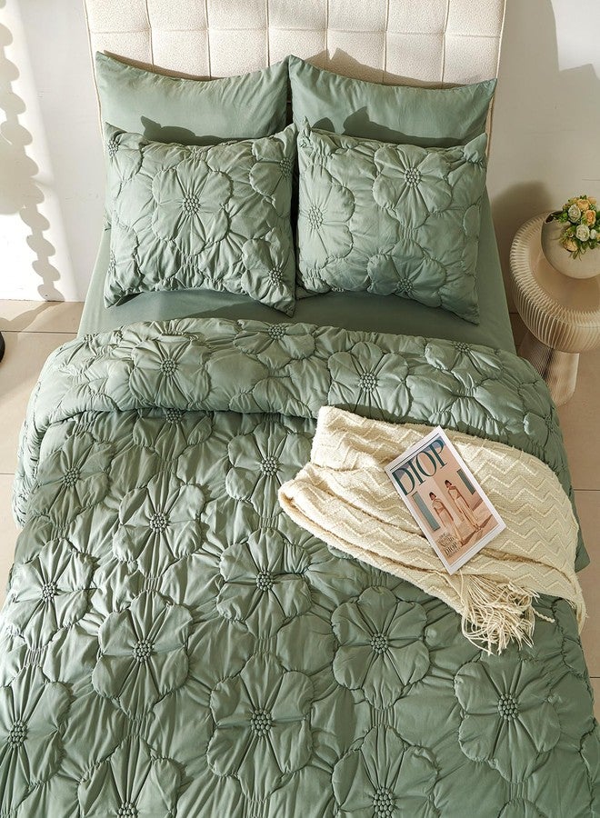 Cmfshape Green Queen Comforter Set,7 Pieces Pintuck Comforters,Floral Ruched Bedding Set,Exquisite Bedding Comforter Set for All Season with Comforter,Flat Sheet,Fitted Sheet and Pillowcases & Shams(90"x90") - Image 2