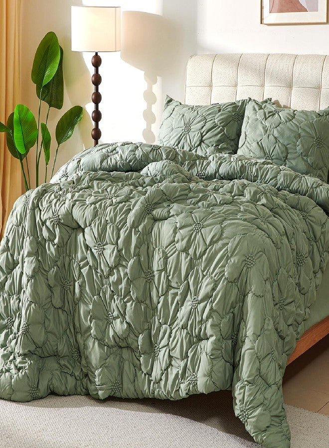 Cmfshape Green Queen Comforter Set,7 Pieces Pintuck Comforters,Floral Ruched Bedding Set,Exquisite Bedding Comforter Set for All Season with Comforter,Flat Sheet,Fitted Sheet and Pillowcases & Shams(90"x90") - Image 1