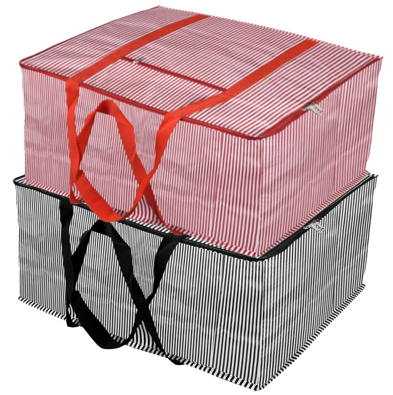 Kuber Industries Lining Design Rexine 2 Piece Jumbo Underbed Moisture Proof Storage Bags for Clothes with Zipper Closure and Handle Black Red - Image 1