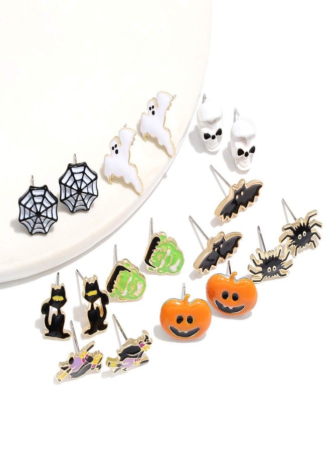 PHALIN 9 Pairs Halloween Earrings for Women Spider Web Pumpkin Ghost Bat Stud Earrings Halloween Outfits Accessories Costume Party Favors (9 Pairs halloween Earings Studs) - Image 2