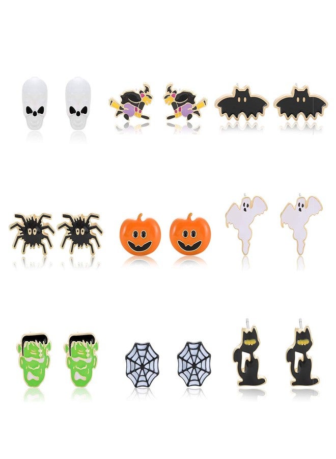 PHALIN 9 Pairs Halloween Earrings for Women Spider Web Pumpkin Ghost Bat Stud Earrings Halloween Outfits Accessories Costume Party Favors (9 Pairs halloween Earings Studs) - Image 1
