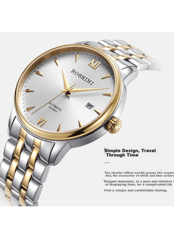 Rossini Couple Watch Men's And Women's Business Watch Mechanical Watch White Dial Steel Strap 517773/517774 - Image 2