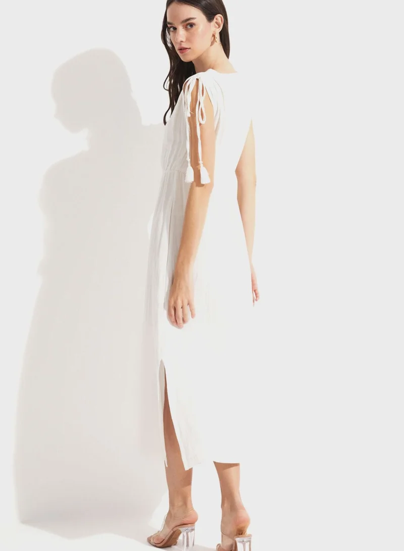 JUNE Tie Shoulder Midi Dress