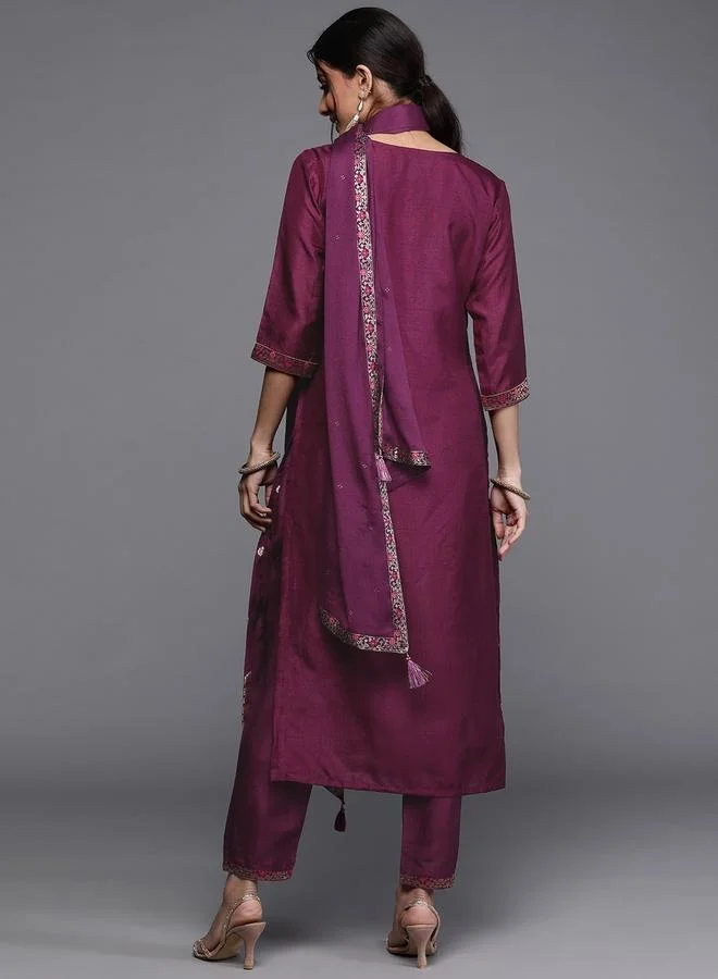 Libas Libas Silk Zari Work Kurta and Solid Trouser with Chiffon Embellished Dupatta Set