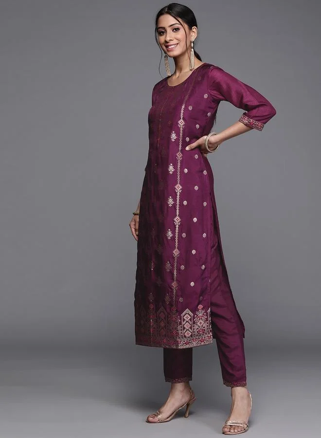 Libas Libas Silk Zari Work Kurta and Solid Trouser with Chiffon Embellished Dupatta Set
