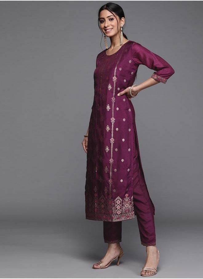 Libas Libas Silk Zari Work Kurta and Solid Trouser with Chiffon Embellished Dupatta Set  - Image 3
