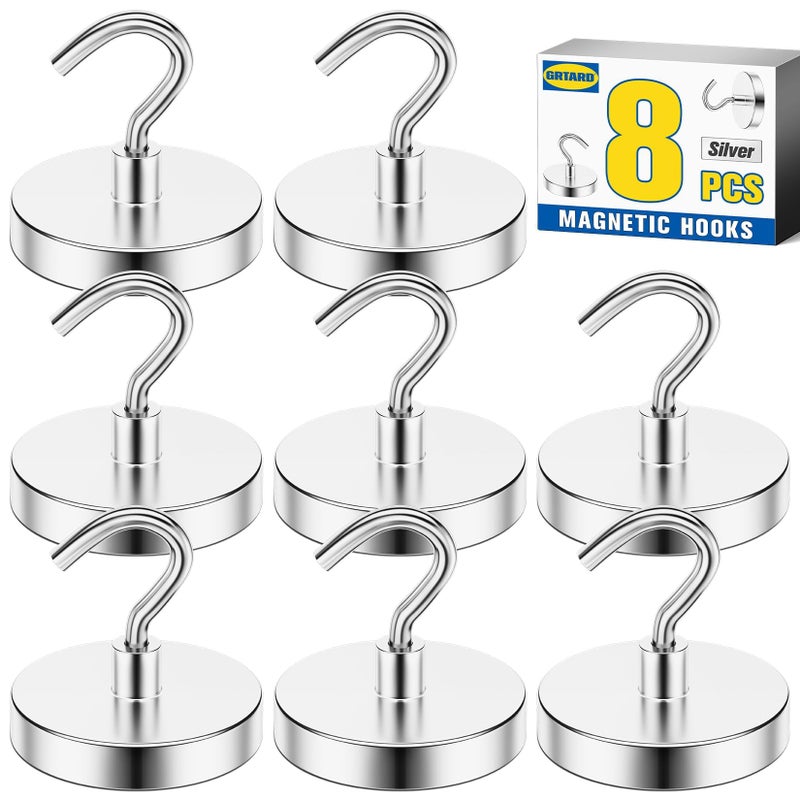 Grtard 8 Pack Magnetic Hooks Heavy Duty 130LBS Strong Magnet Hooks Heavy Duty Magnetic Hooks for Cruise Cabins Neodymium Magnets with Hook for Hanging Outdoor Kitchen Workplace GarageSilver