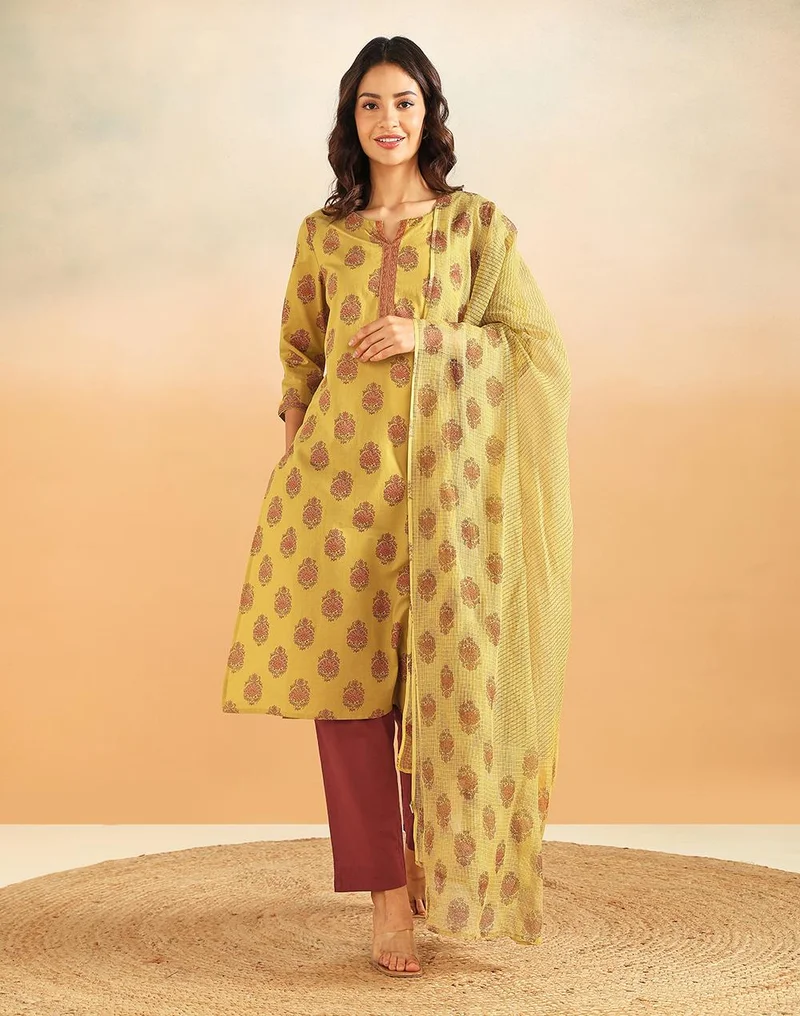 Fabindia Avni Green Cotton Printed Buta Kurta, Pant & Dupatta Set