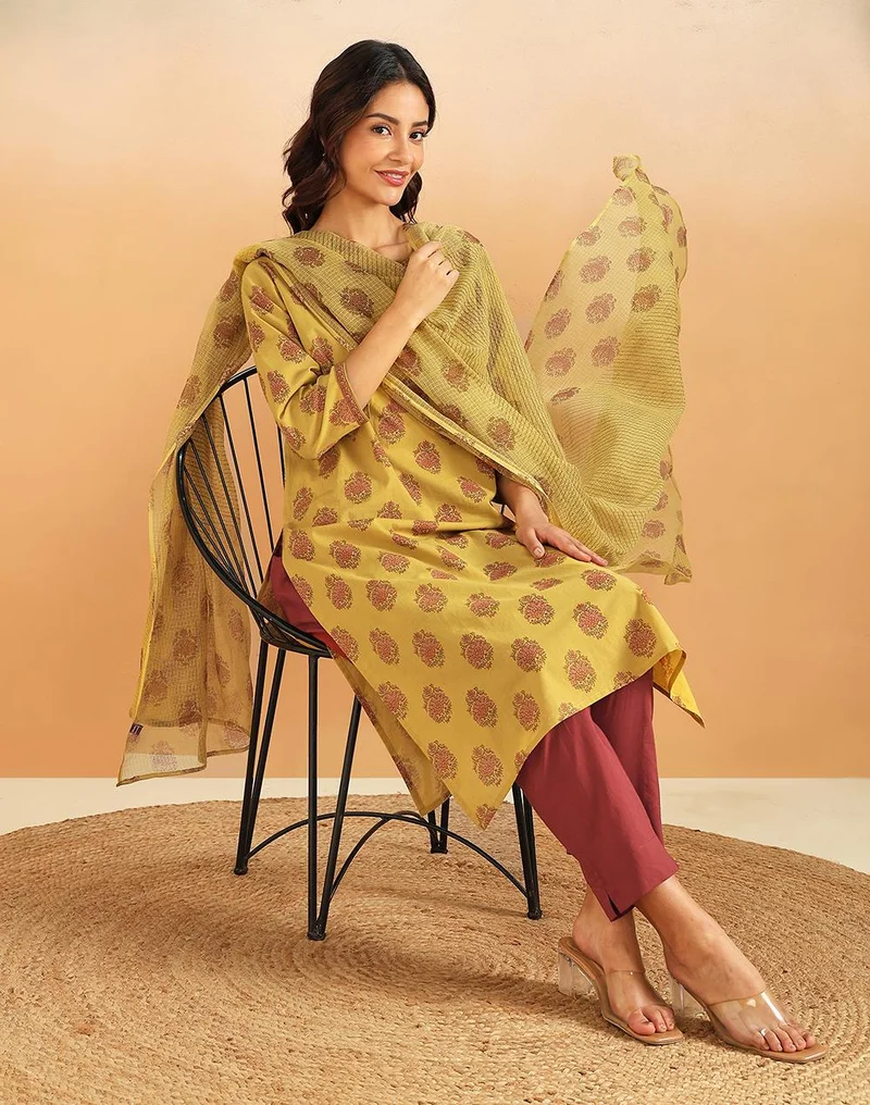 Fabindia Avni Green Cotton Printed Buta Kurta, Pant & Dupatta Set