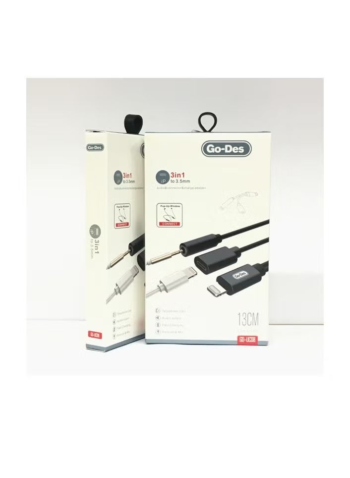 جو-ديز Go-Des UC08 3-in-1 3.5mm Audio Connector and Charging Adapter in Black | Supports Charging & Audio Simultaneously | Universal Compatibility with iOS & Android | Compact Lightweight Design for Travel | Durable Daily Use Adapter for Smartphones & Tablets - Image 1