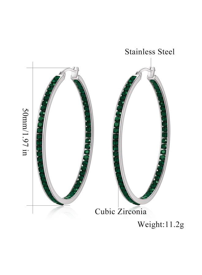CiNily Stainless Steel Hoop Earring for Women Dark Green Cubic Zirconia Hypoallergenic Jewelry for Sensitive Ears Large Big Hoop Earrings 2" - Image 3
