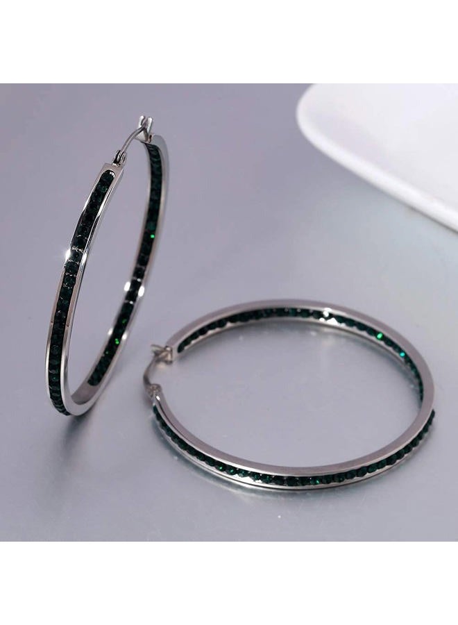 CiNily Stainless Steel Hoop Earring for Women Dark Green Cubic Zirconia Hypoallergenic Jewelry for Sensitive Ears Large Big Hoop Earrings 2" - Image 5