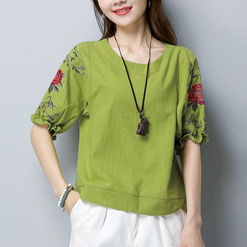 M~4Xl Plus Size Mother'S Wear Korean Style Literary Embroidered Top Short-Sleeved T-Shirt Women'S Slim Bottoming Shirt Trbottomy - Image 2