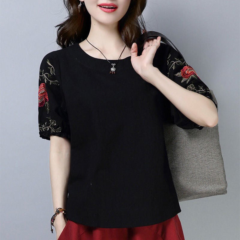 M~4Xl Plus Size Mother'S Wear Korean Style Literary Embroidered Top Short-Sleeved T-Shirt Women'S Slim Bottoming Shirt Trbottomy - Image 3