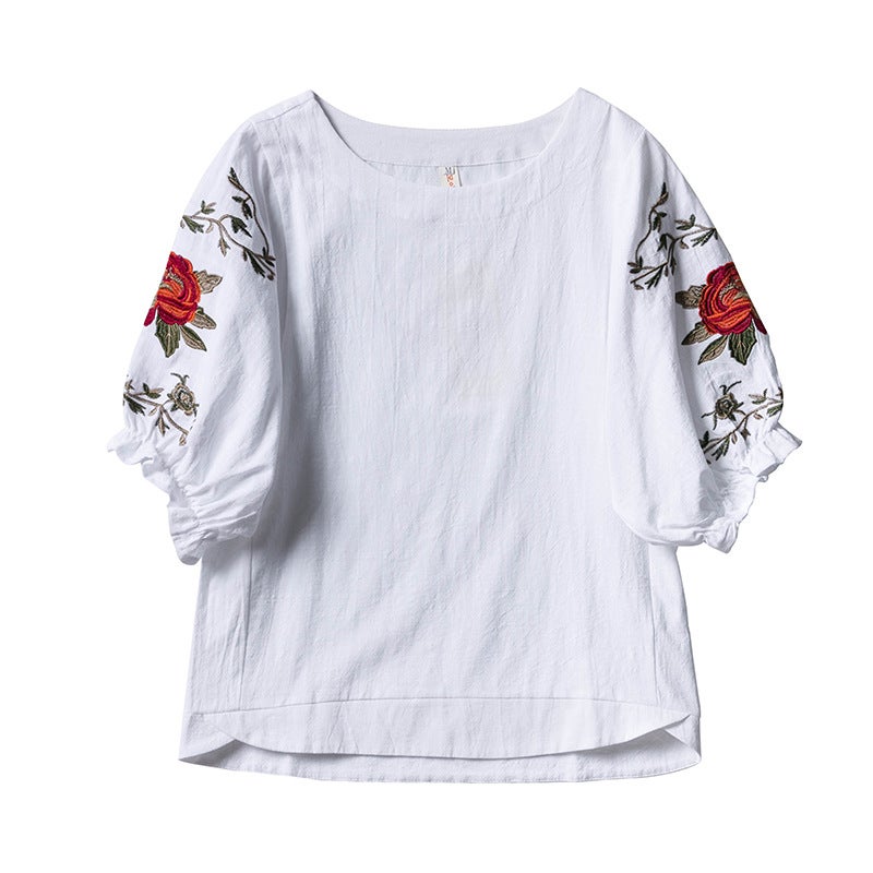 M~4Xl Plus Size Mother'S Wear Korean Style Literary Embroidered Top Short-Sleeved T-Shirt Women'S Slim Bottoming Shirt Trbottomy - Image 5