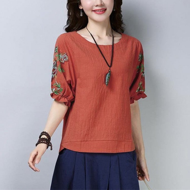 M~4Xl Plus Size Mother'S Wear Korean Style Literary Embroidered Top Short-Sleeved T-Shirt Women'S Slim Bottoming Shirt Trbottomy - Image 4