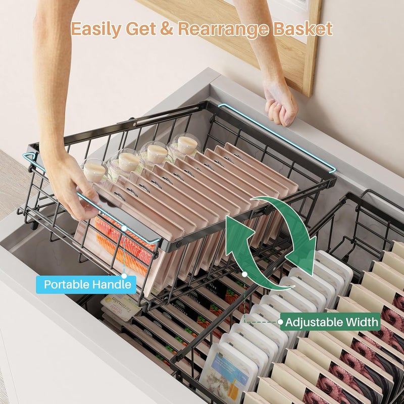 UMDONX Expandable Chest Freezer Basket Organiser Storage Boxes with Handle, Hanging Wire Containers Kitchen Pantry Shelf Rack, Durable Metal Black Load 25KG - Image 2