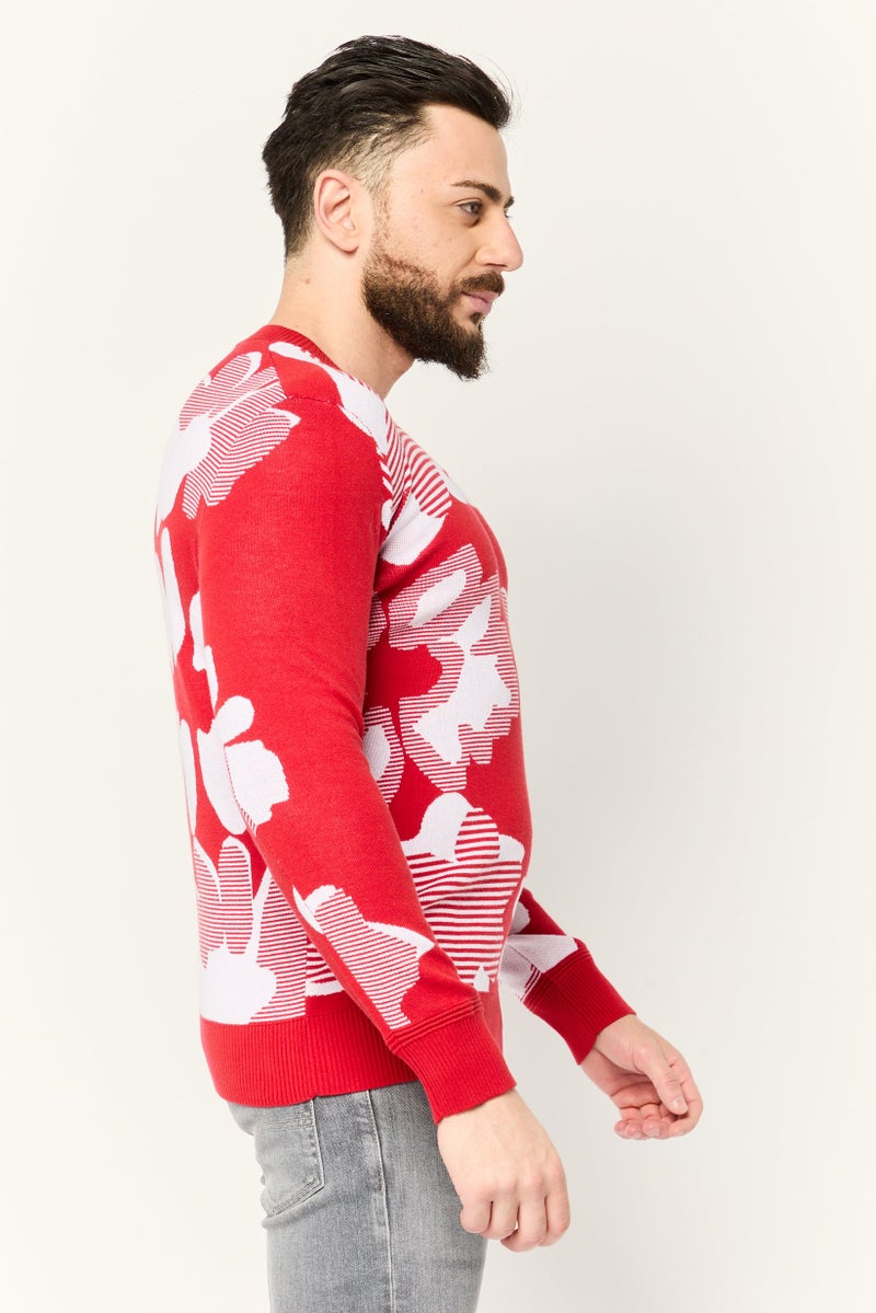 ESPRIT Men Floral Pattern Sweater, Red - Image 3