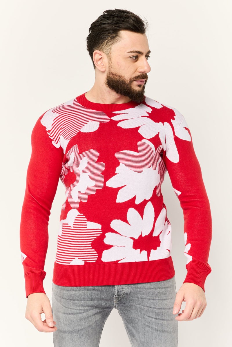 ESPRIT Men Floral Pattern Sweater, Red - Image 1