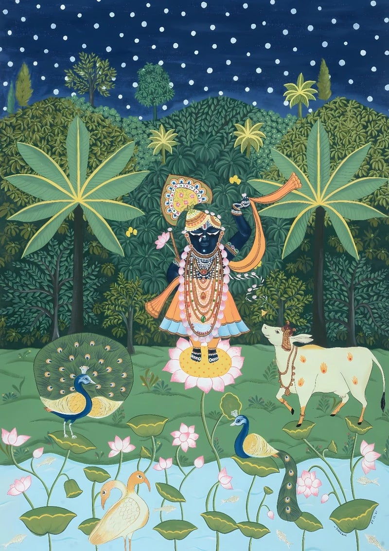 NK Textiles Shreenathji Pichwai Backdrop Cloth for Pooja Decoration Traditional, Background Decoration Cloth for Pooja Background, Curtain Cloth for Festival Fabric (Size-5x8 Feet) (Printed) - Image 1