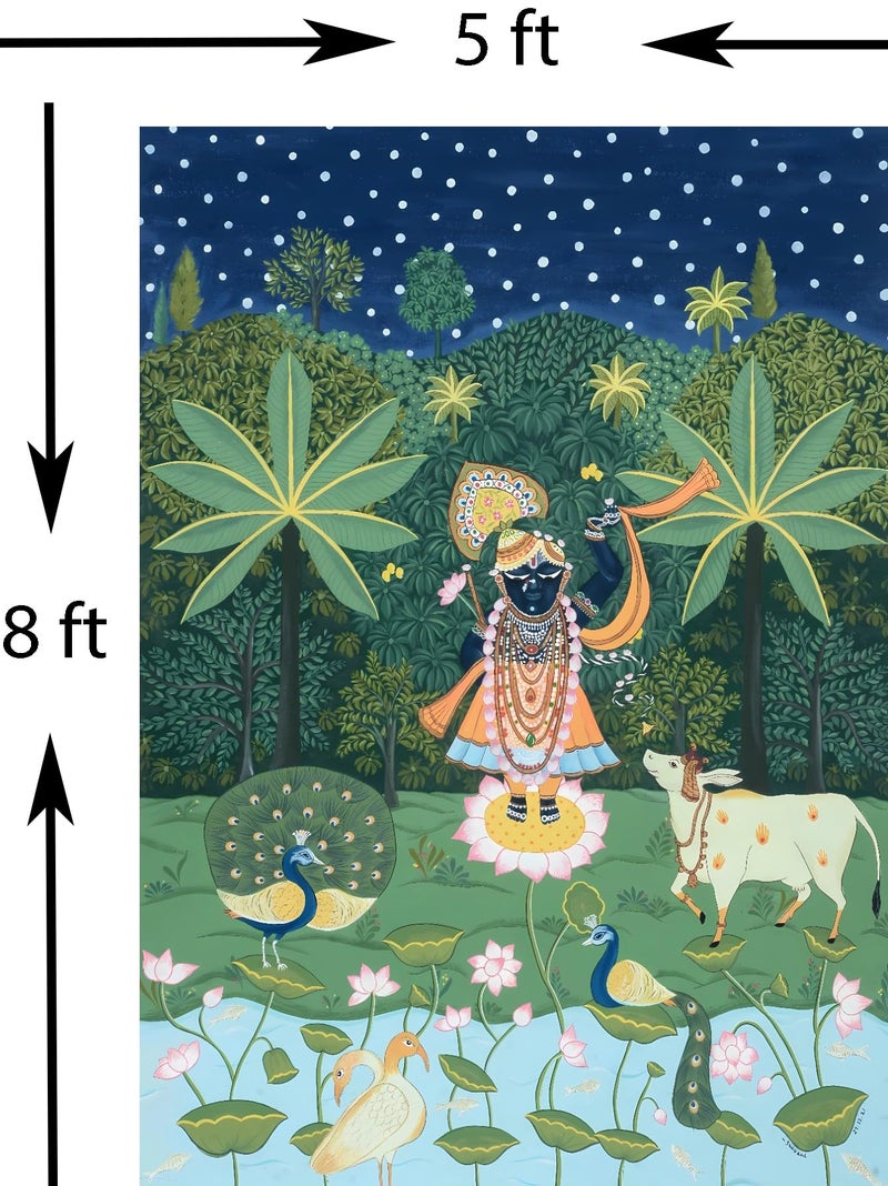 NK Textiles Shreenathji Pichwai Backdrop Cloth for Pooja Decoration Traditional, Background Decoration Cloth for Pooja Background, Curtain Cloth for Festival Fabric (Size-5x8 Feet) (Printed) - Image 2